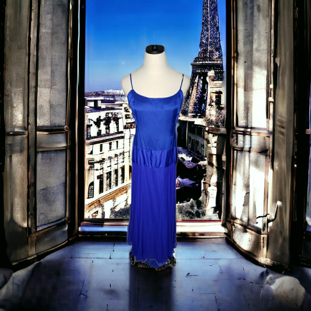 Vtg Maxi Slip Dress Flowy Royal Blue Silk Y2K Pixi Fairy Crepe Sheer Satin Event - Picture 13 of 15